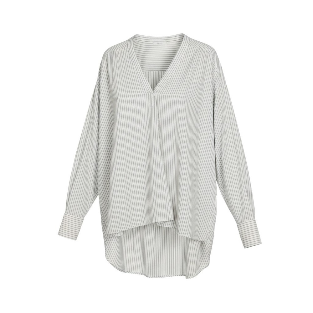 A.L.C. Pinstripe V-Neck Blouse Cotton Silk High-Low Top White Navy Size 18 NEW